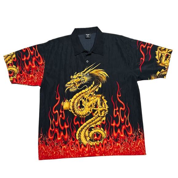 KNU Gear Men’s‎ Button Up Shirt - Japanese Dragon Flames Black / Red - XL - Picture 1 of 7